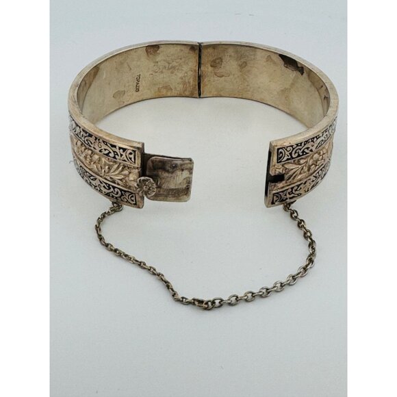 Vintage Topazio Mexico Sterling Silver Black Enamel Hinged Wide Cuff Bracelet - Picture 5 of 12